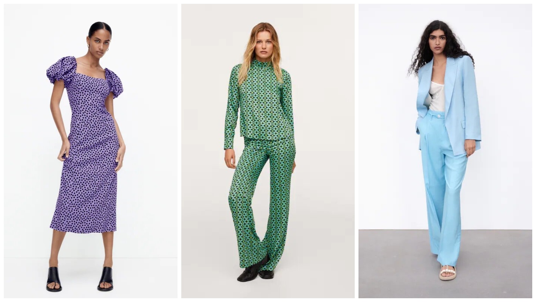De izquierda a derecha: vestido de Zara, conjunto de Mango y traje chaqueta de Zara.