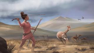 Ilustración de una mujer andina prehistórica cazando animales.
