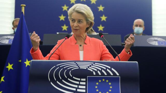 La presidenta Von der Leyen, durante el discurso sobre el estado de la Unión de este miércoles