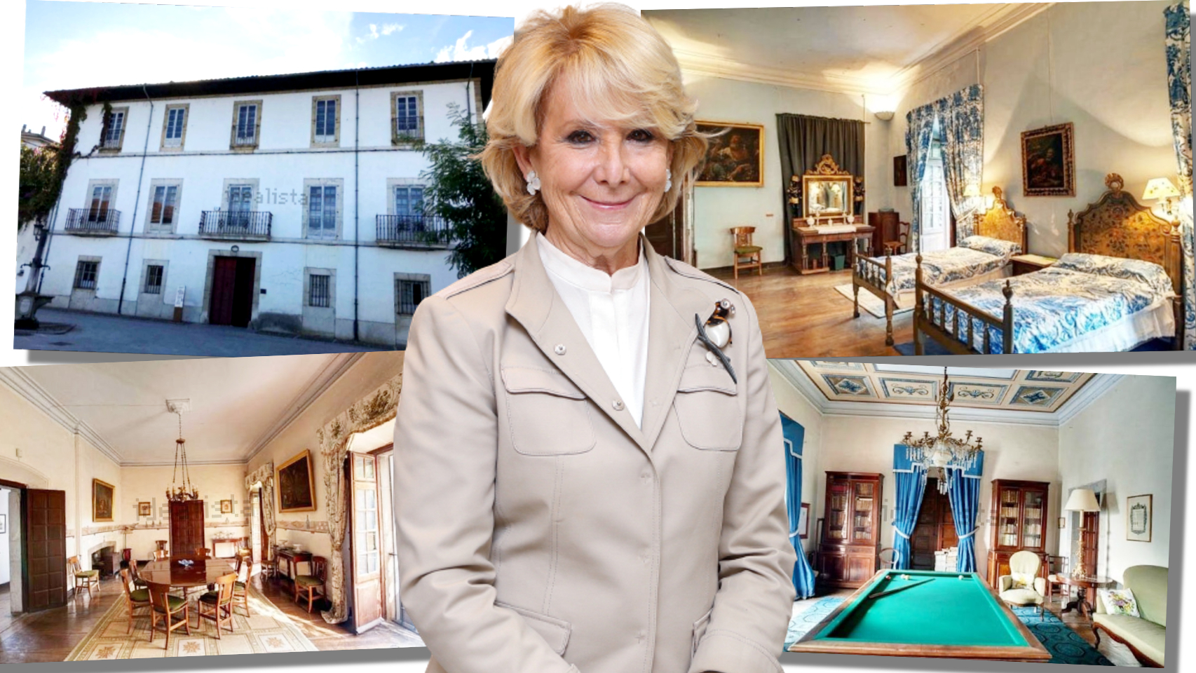 Esperanza Aguirre junto a las fotos del palacete de su suegra, en un montaje de Jaleos.