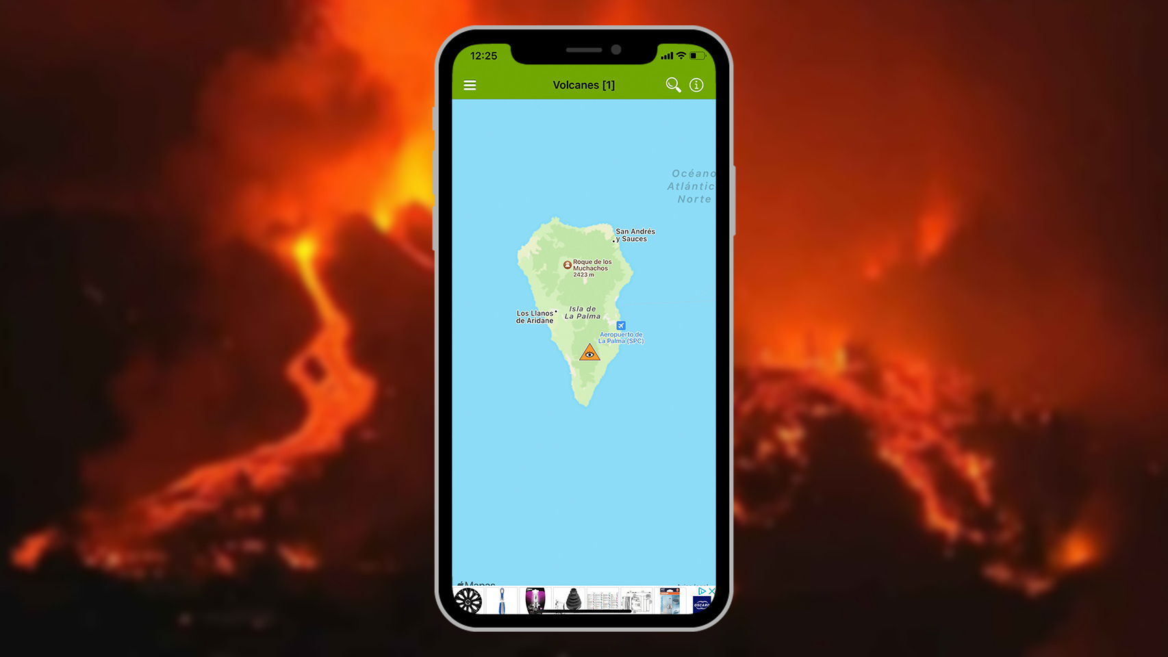 Un iPhone con el volcán de Palma de fondo.