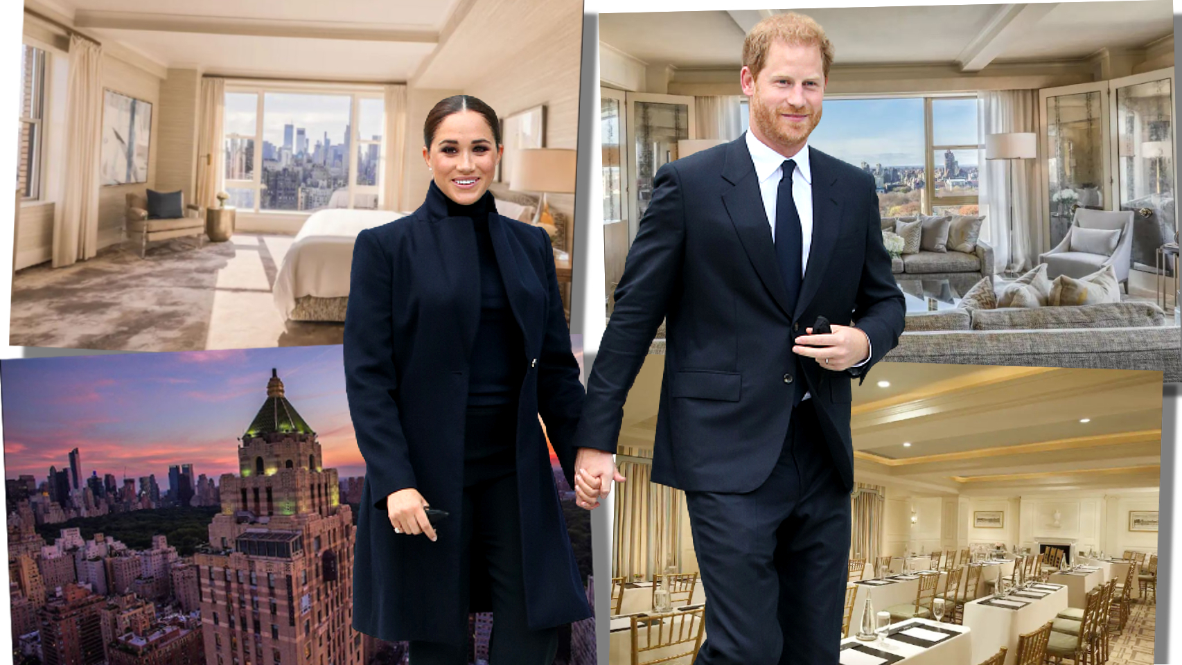 Harry y Meghan, junto a varias estancias del hotel The Carlyle (Nueva York), en un montaje de Jaleos.