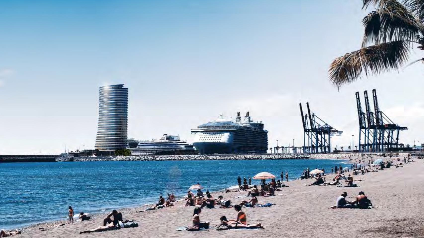 La torre del puerto de Málaga, vista desde la zona de La Malagueta.