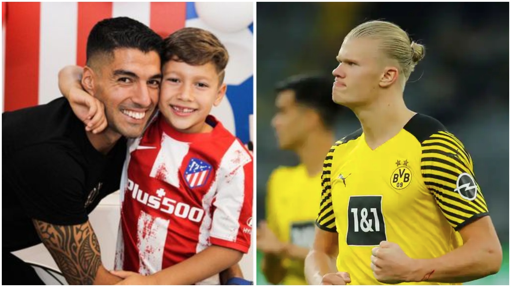 Luis Suárez, su hijo Benjamín y Haaland, en un collage