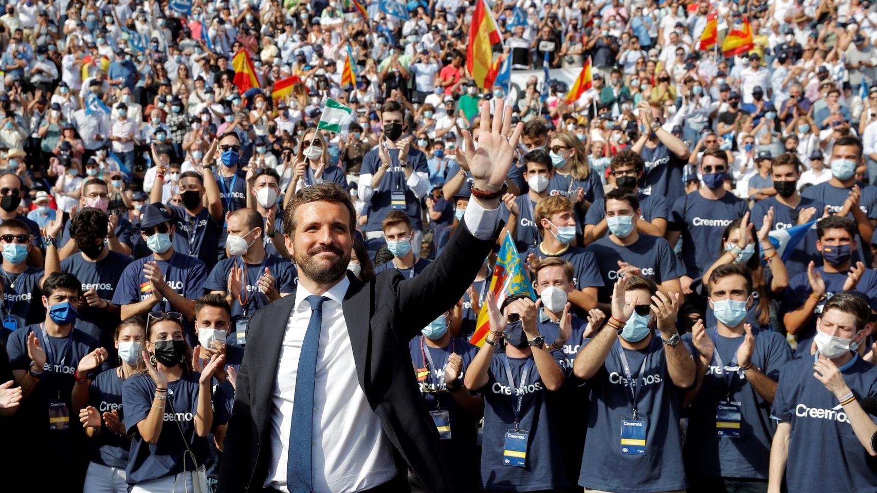 El presidente del Partido Popular, Pablo Casado, en la Plaza de Toros de Valencia.
