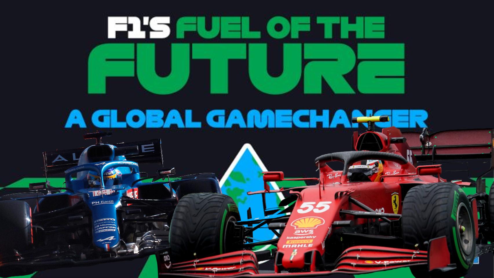 Los coches de Fernando Alonso y Carlos Sainz, en un fotomontaje con la publicidad del programa eco de la Fórmula 1 para 2030