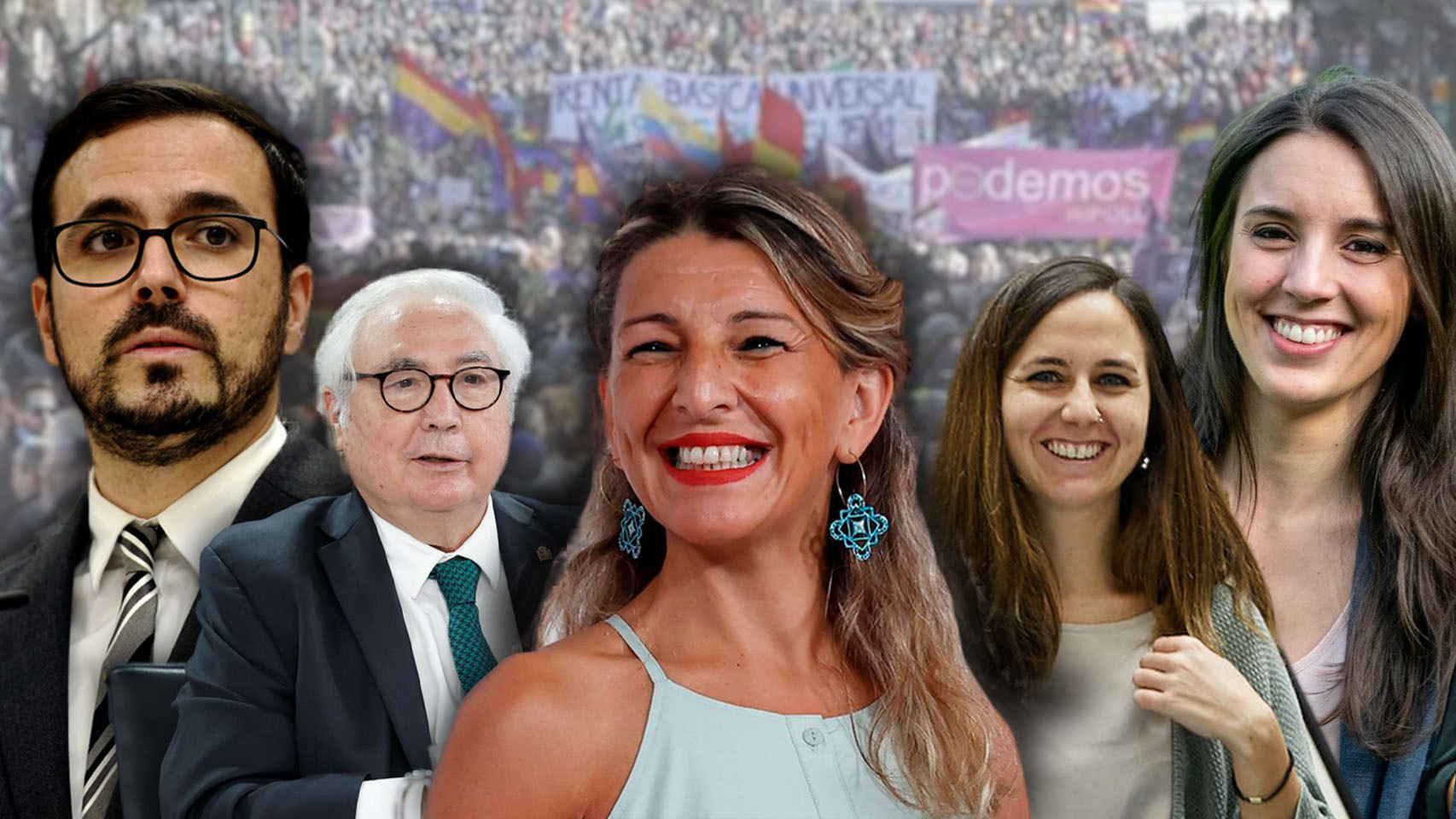 De izquierda a derecha: Alberto Garzón, Manuel Castell, Yolanda Díaz, Ione Belarra e Irene Montero.