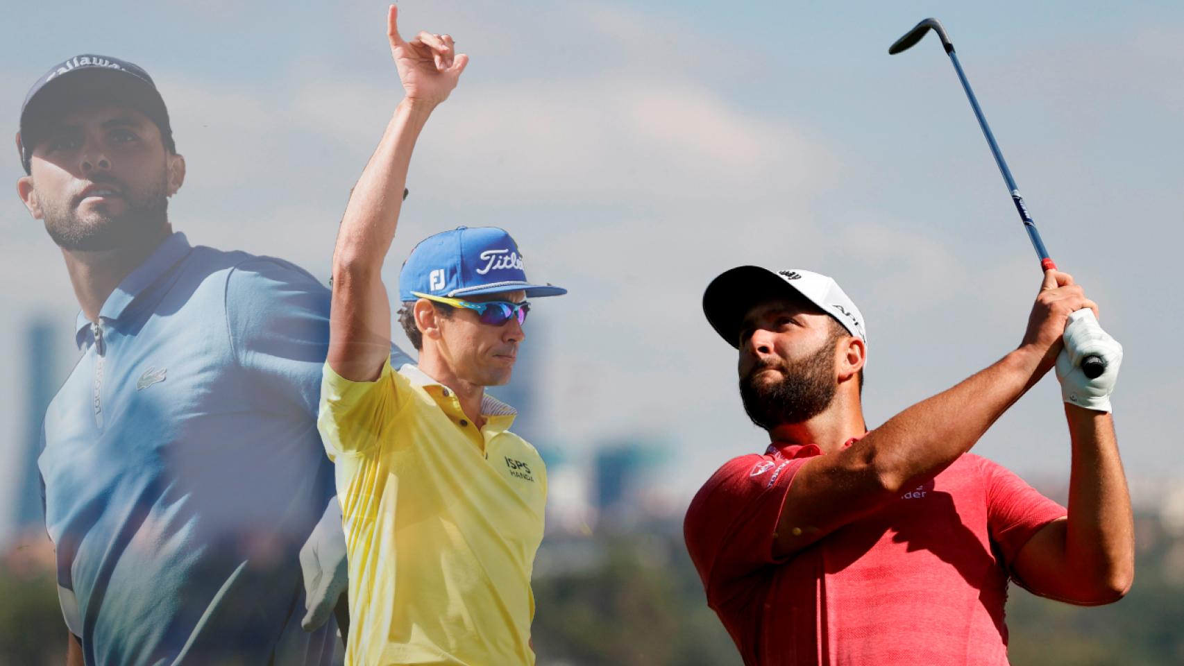 Adri Arnaus, Rafa Cabrera Bello y Jon Rahm, en un fotomontaje