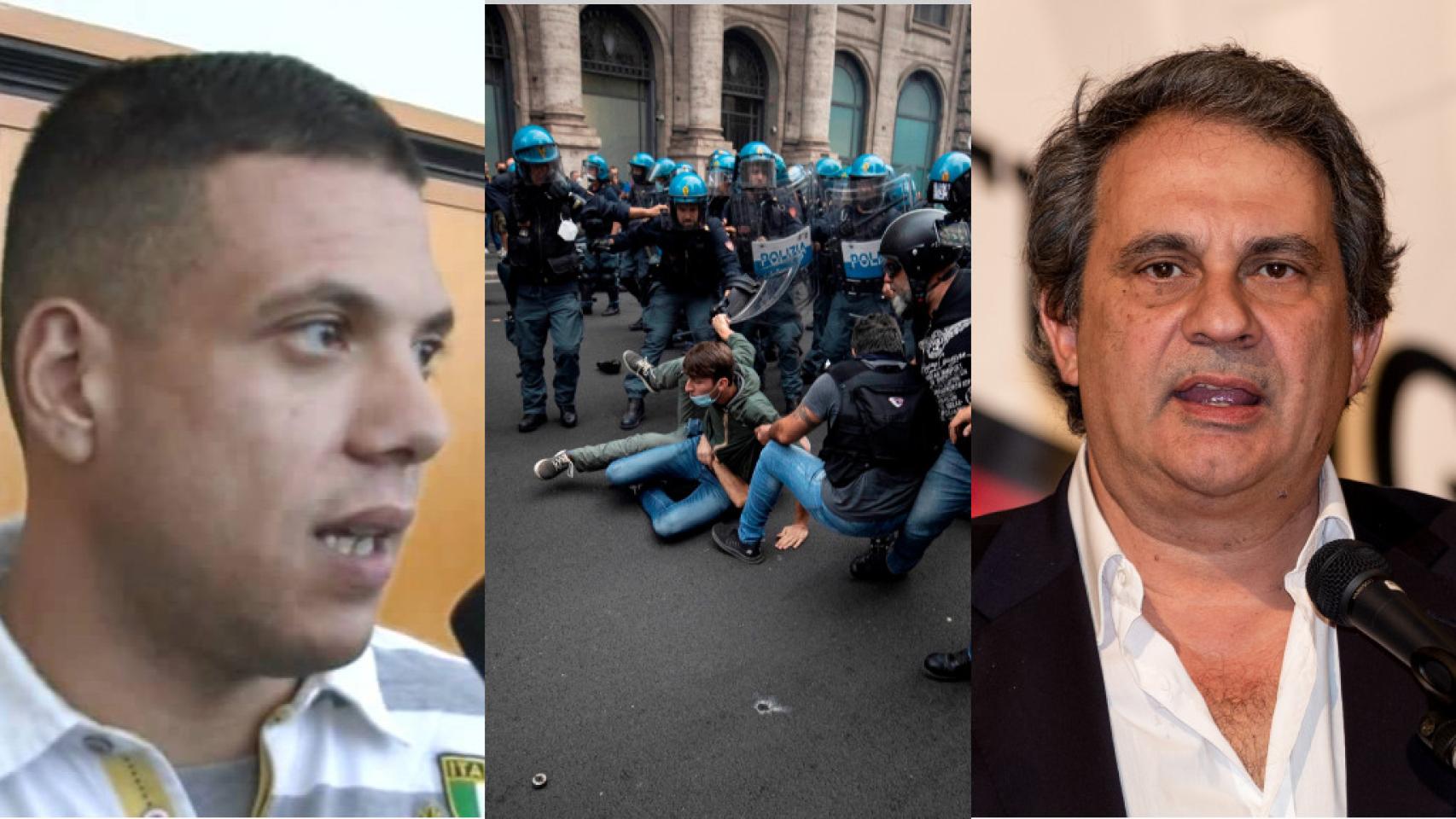 Giuliano Castellino (i) y Roberto Fiore (d), junto a una imagen de los disturbios del domingo.