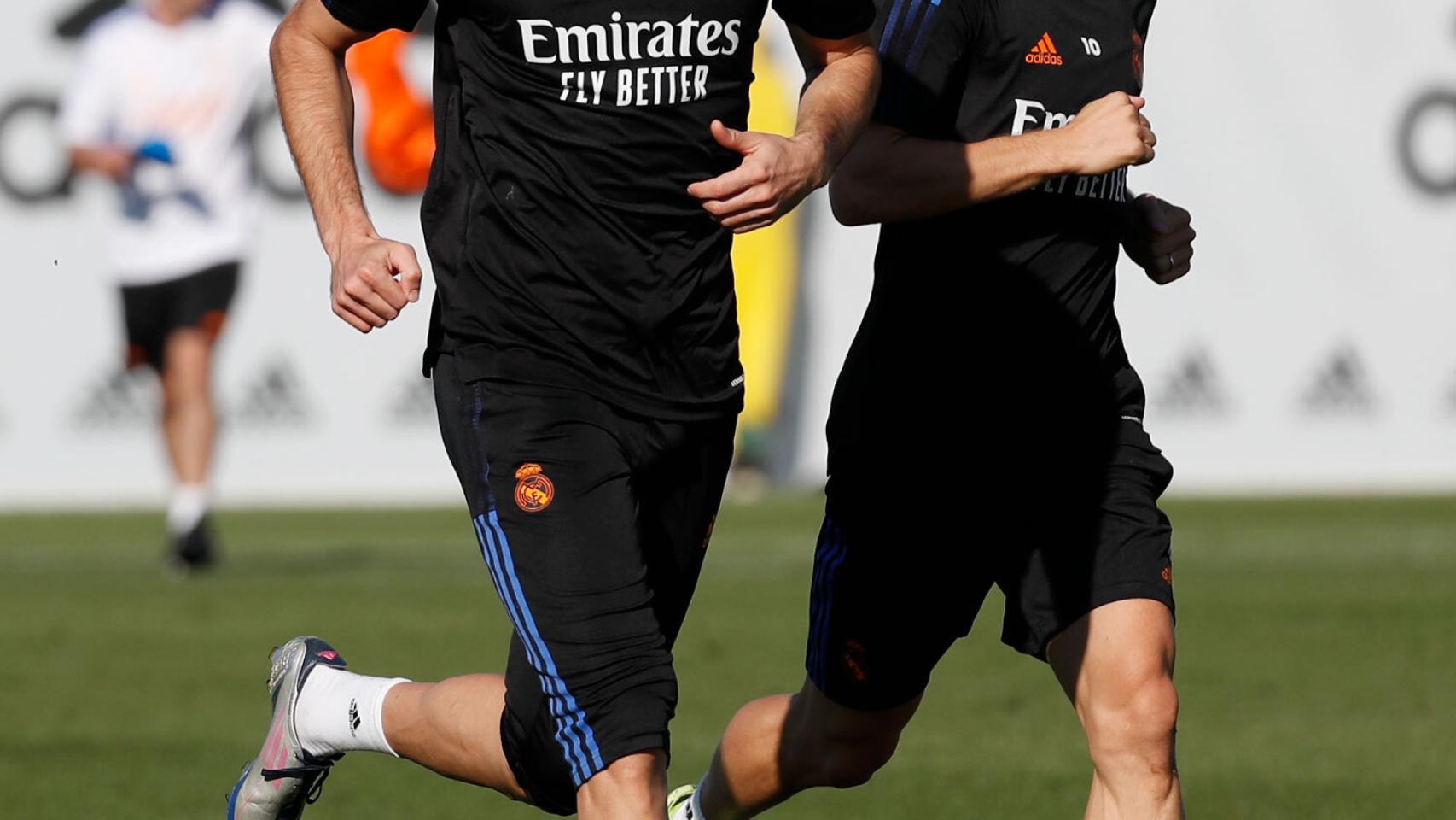 Benzema y Modric, en el entrenamiento del Real Madrid
