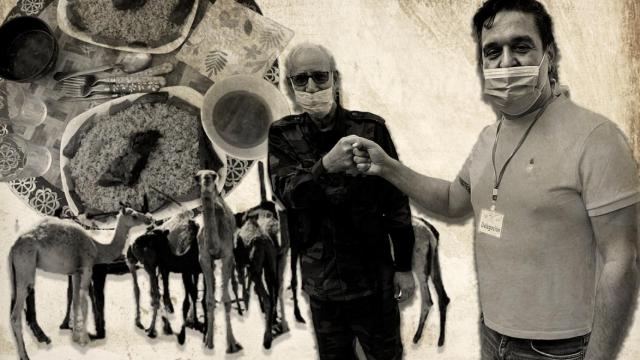 Carles Mulet saluda a Ghali. En la foto, los camellos de Tinduf (algunos acabaron en el plato).