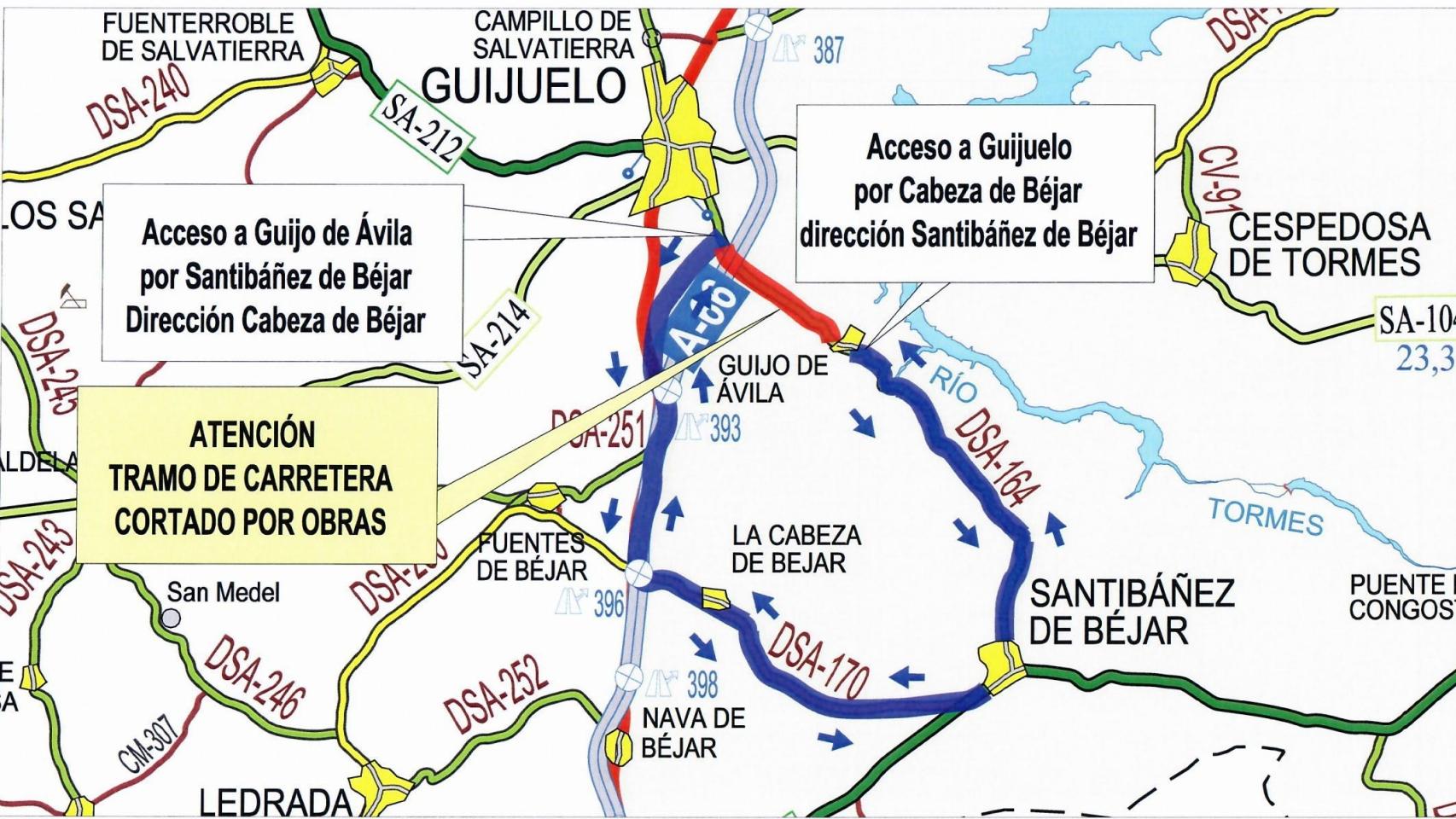 La carretera DSA-164, entre Guijuelo y Guijo de Ávila, cortada por obras hasta febrero de 2022