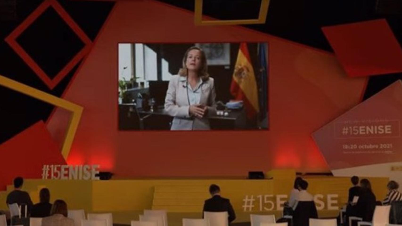 La vicepresidenta primera del Gobierno y ministra de Asuntos Económicos y Transformación Digital, Nadia Calviño, durante la clausura del #15ENISE. - EUROPA PRESS.