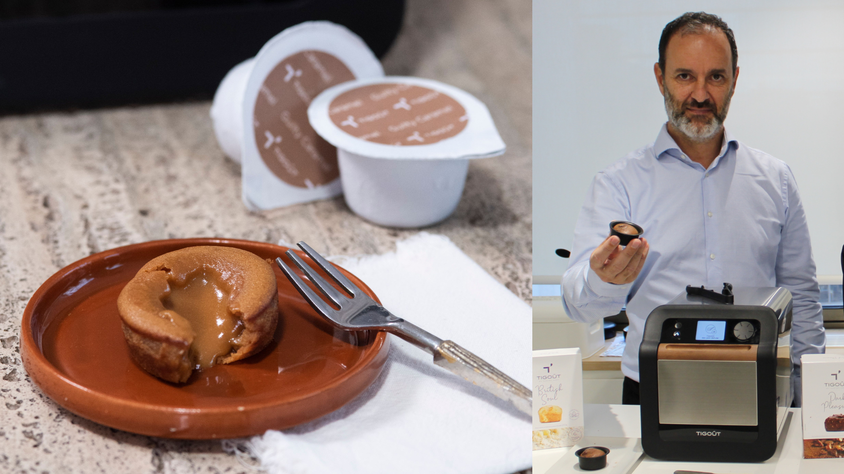 A la izquierda, uno de los pasteles de Tigoût junto a sus cápsulas y, a la derecha, Rodrigo Córdoba y el dispositivo.