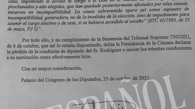 El escrito del secretario general del Congreso.