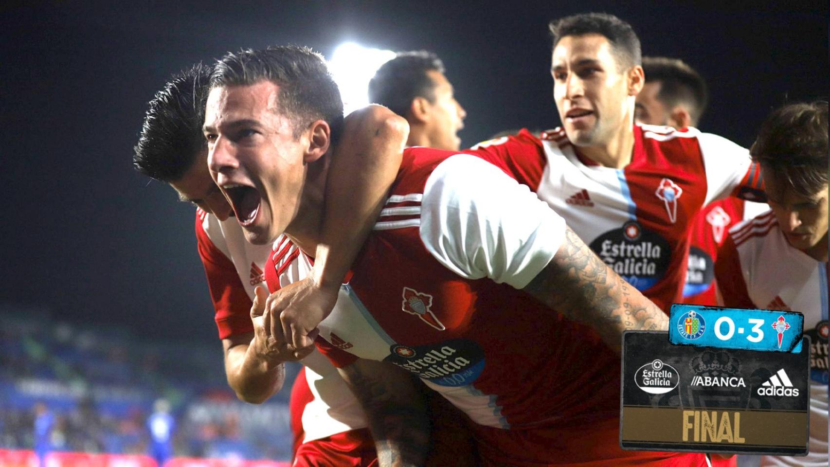 Santi Mina celebra uno de sus goles ante el Getafe para devolver al Celta a la victoria