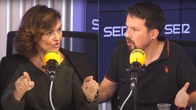 Los exvicepresidentes del Gobierno Carmen Calvo y Pablo Iglesias este lunes en la Cadena SER.