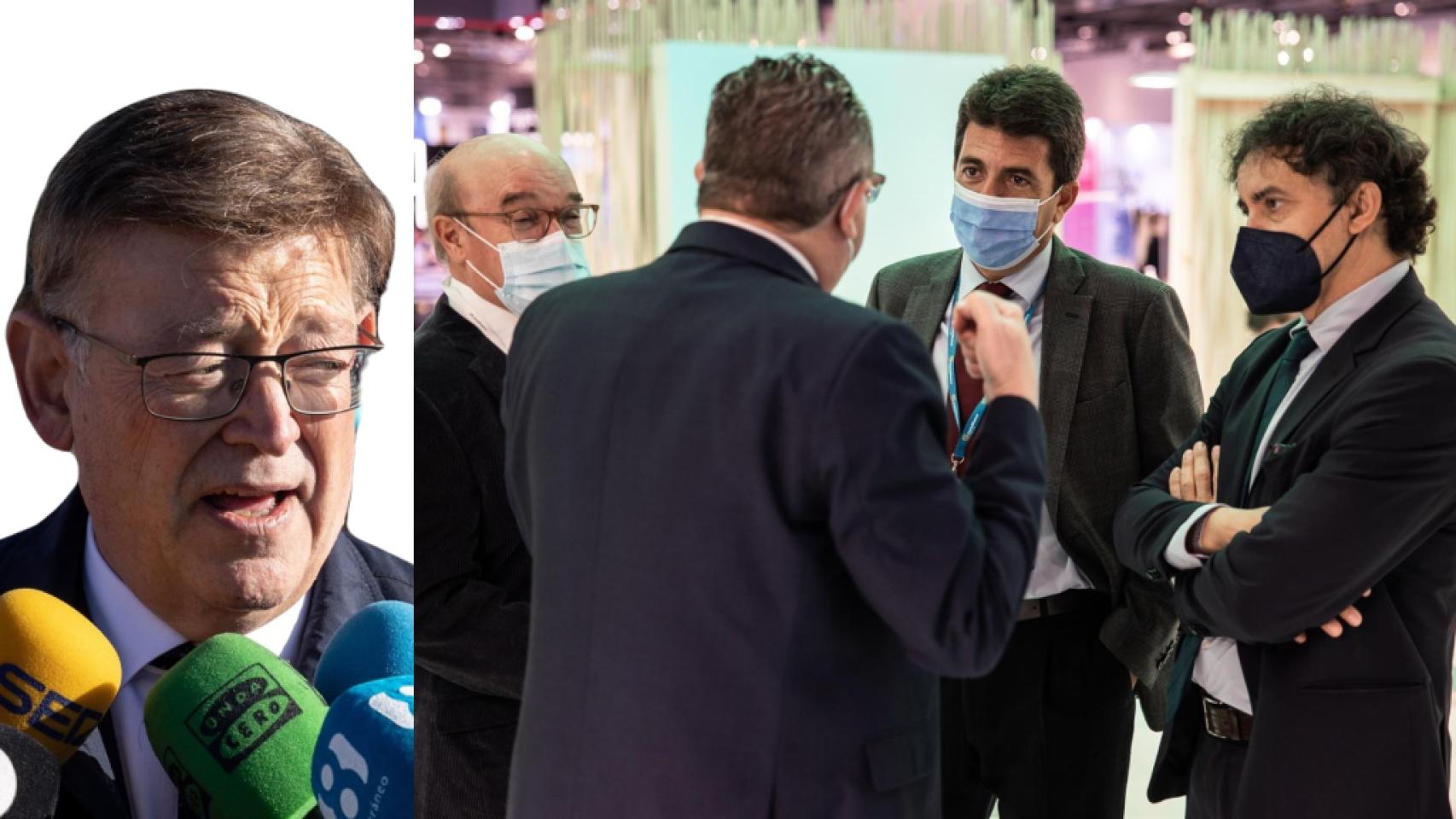 A la izquierda, Ximo Puig. A la derecha, Mazón con el presidente de Hosbec y Francesc Colomer, en esta WTM.