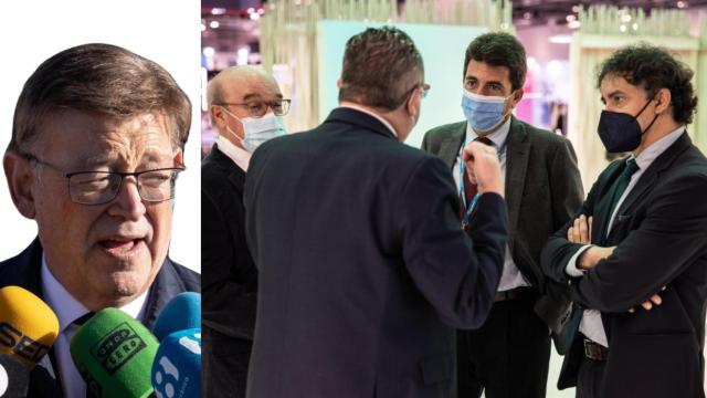 A la izquierda, Ximo Puig. A la derecha, Mazón con el presidente de Hosbec y Francesc Colomer, en esta WTM.