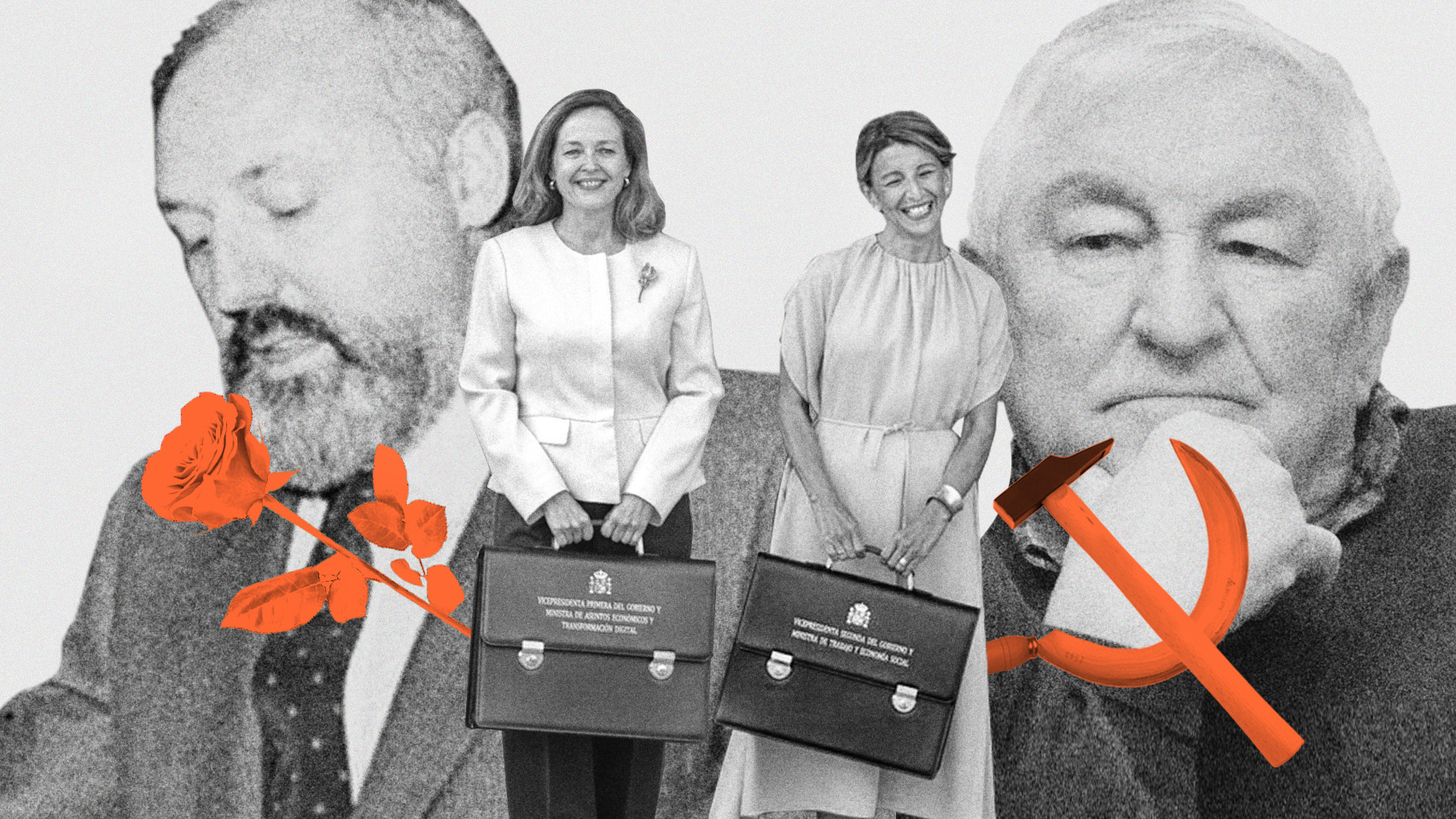 Nadia Calviño y Yolanda Díaz. De fondo, sus padres José María y Suso.