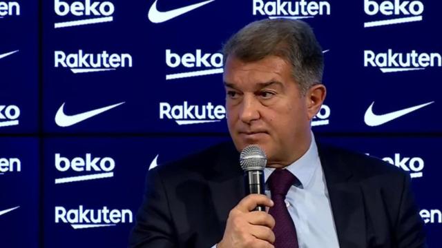 Joan Laporta, en la rueda de prensa de presentación de Xavi Hernández