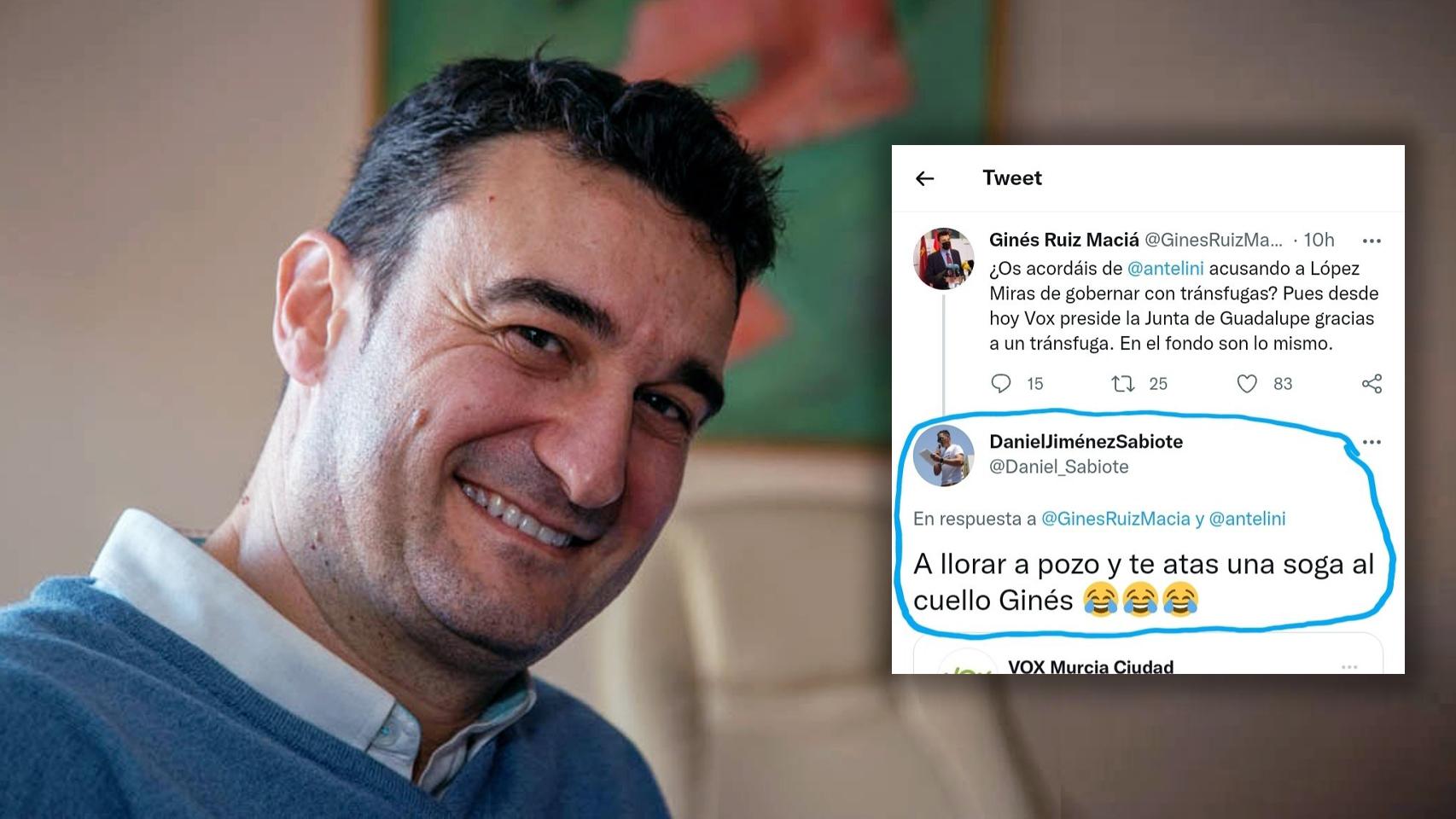 El portavoz de Podemos en Murcia, Ginés Ruiz, con una captura del mensaje amenazante.