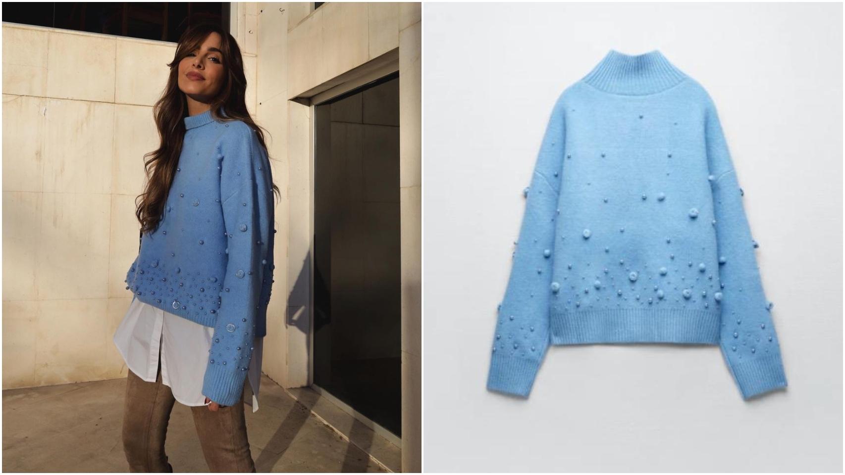 Rocío Osorno con jersey azul de lentejuelas y pompones de Zara.