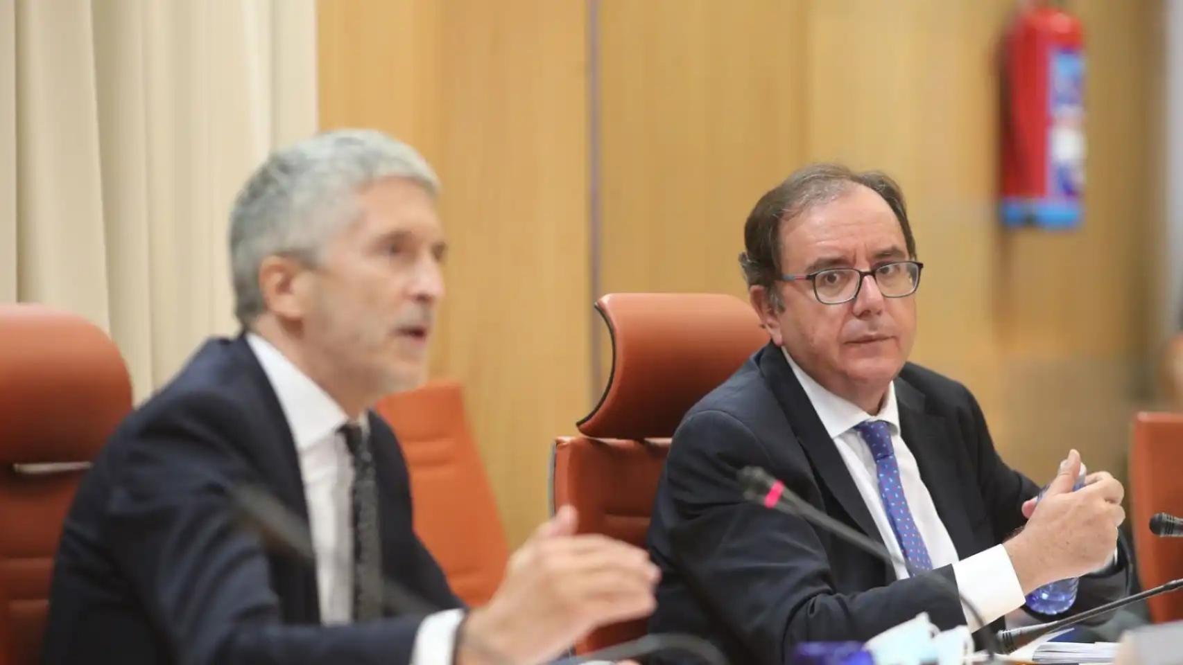 El ministro del Interior, Grande-Marlaska, y el secretario general de Prisiones, Ángel Luis Ortiz, durante una comparecencia en las Cortes.