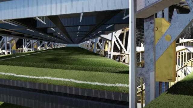 El interior del mecanismo del césped retráctil en la reconstrucción de Javier Caireta