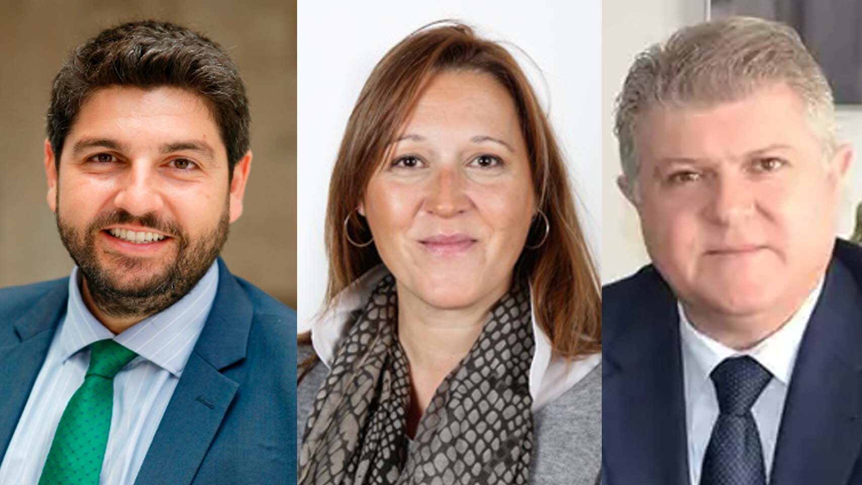 El presidente de Murcia, el popular Fernando López Miras,  la senadora socialista Lourdes Retuerto y el delegado del Gobierno, José Vélez.