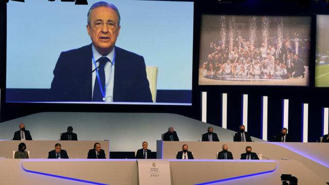 Florentino Pérez, durante su discurso en la Asamblea de socios