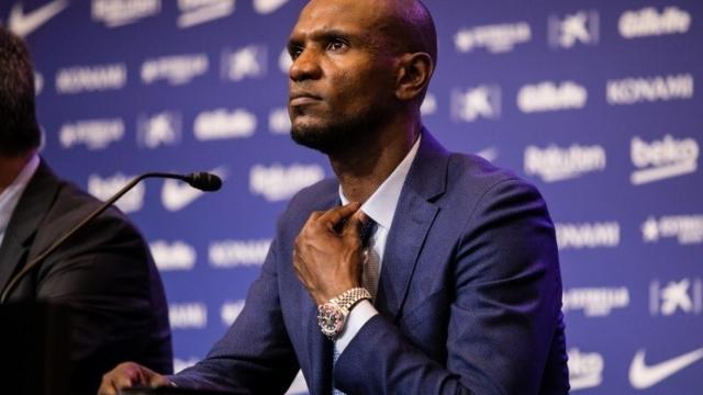 Eric Abidal, durante una rueda de prensa con el FC Barcelona