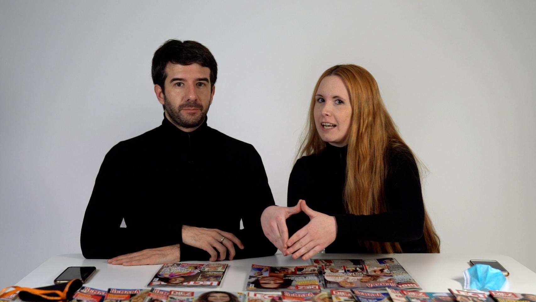 Raúl Rodríguez y Ane Olabarrieta durante la grabación del kiosco rosa.