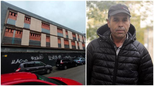 Abdennassar el Idrissi, vecino de Mataró que compró una casa okupada. A la izquierda, un bloque de viviendas vacío.
