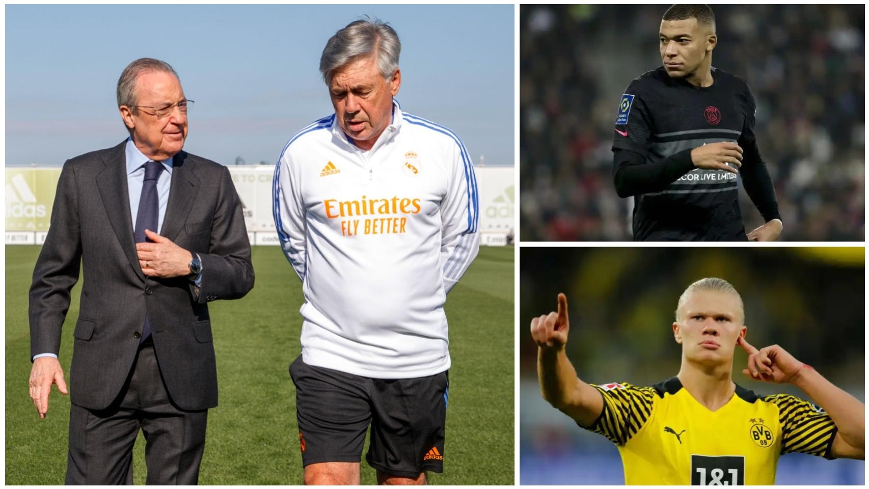 Collage de Ancelotti y Florentino Pérez con Mbappé y Haaland