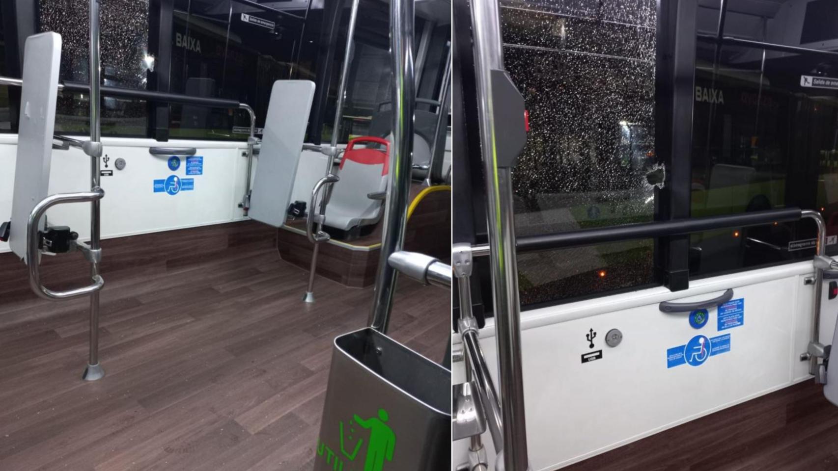 Imágenes de la pedrada al cristal de un autobús de Vitrasa.