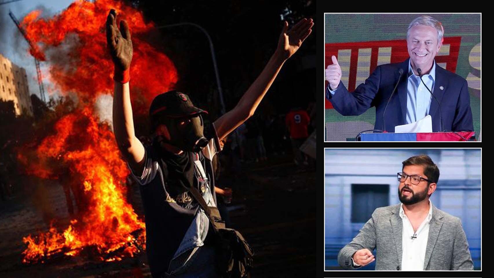 Fotomontaje con las violentas protestas en Chile junto a los dos candidatos que han pasado a segunda vuelta.