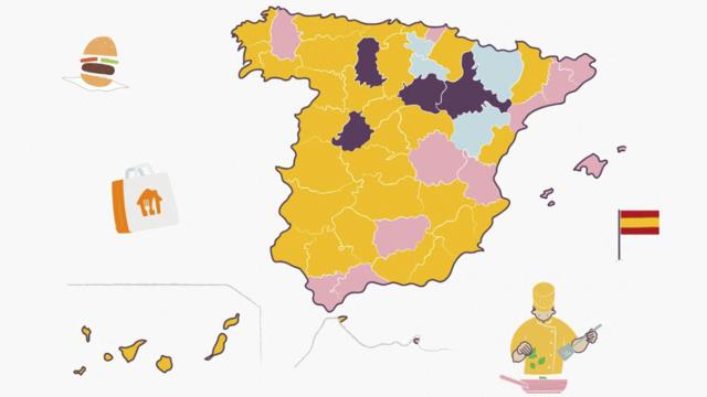 Mapa por provincias de los tipos de comida más pedido en 2021, según el IX Gastrómetro de Just Eat.
