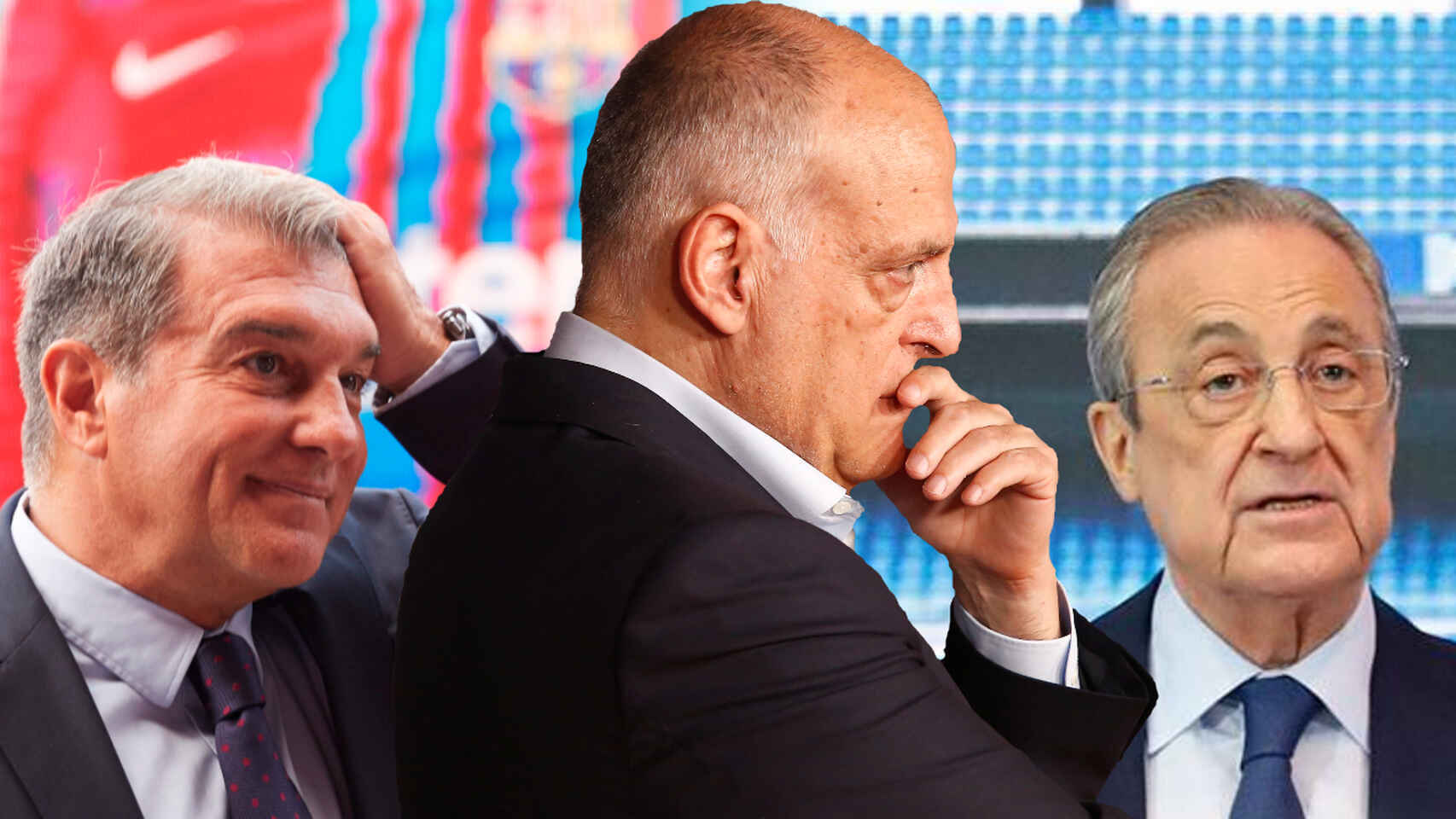 Joan Laporta, Javier Tebas y Florentino Pérez en un fotomontaje