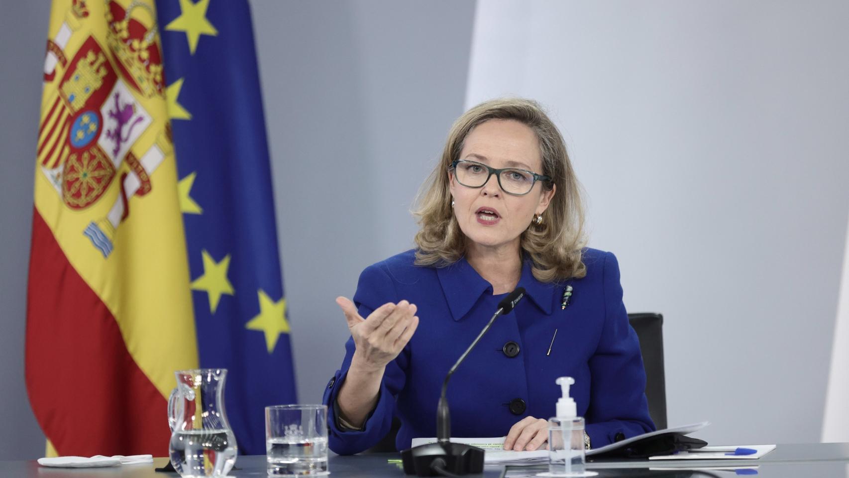 La vicepresidenta primera y ministra de Asuntos Económicos y Transformación Digital, Nadia Calviño, en la rueda de prensa posterior al Consejo de Ministros del pasado martes.