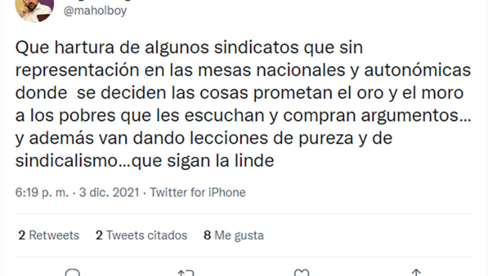 Tweet del secretario regional de Sanidad de UGT Servicios Públicos Castilla y León, Miguel Holguin Boyano