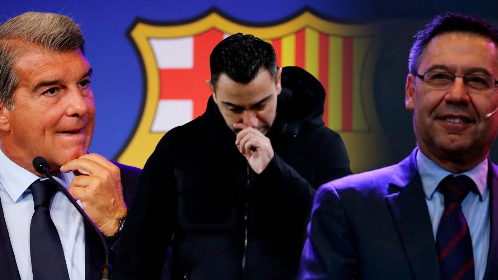 Joan Laporta, Xavi Hernández y Josep Maria Bartomeu, en un fotomontaje.