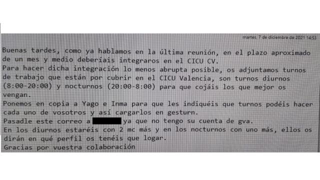 Email que han recibido los profesionales del CICU Alicante, del pasado martes.