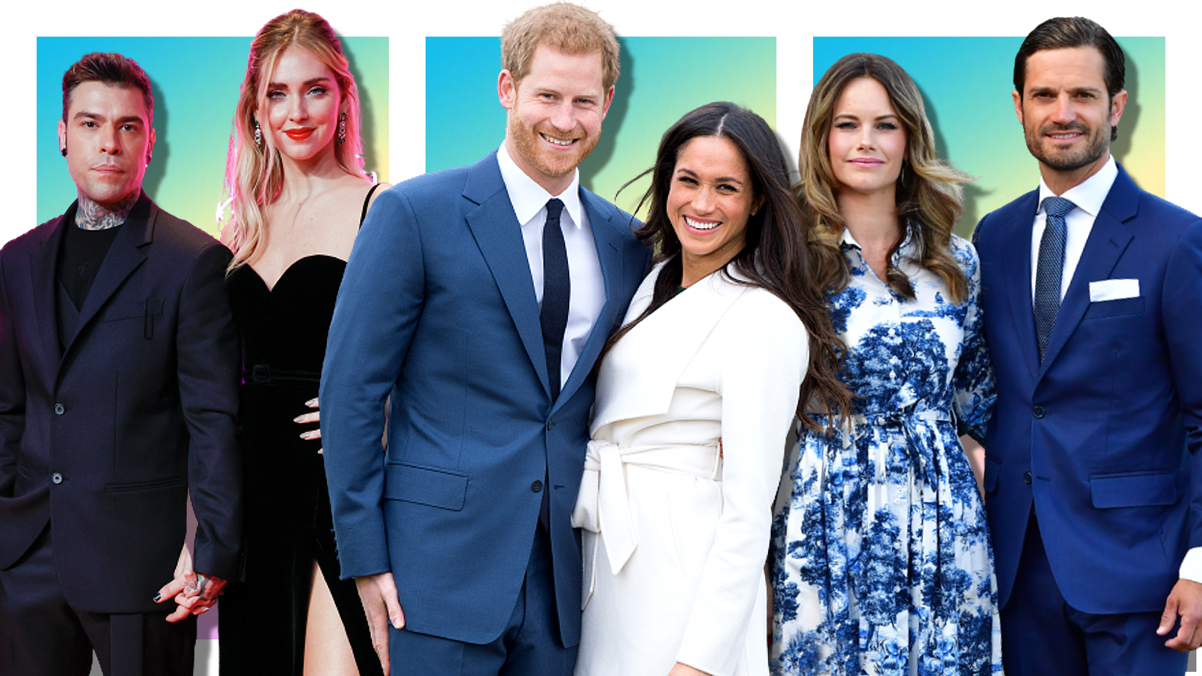 Fedez y Chiara Ferragni, Harry de Inglaterra y Meghan Markle, y Sofía de Suecia y Carlos Felipe, en un montaje de Jaleos.