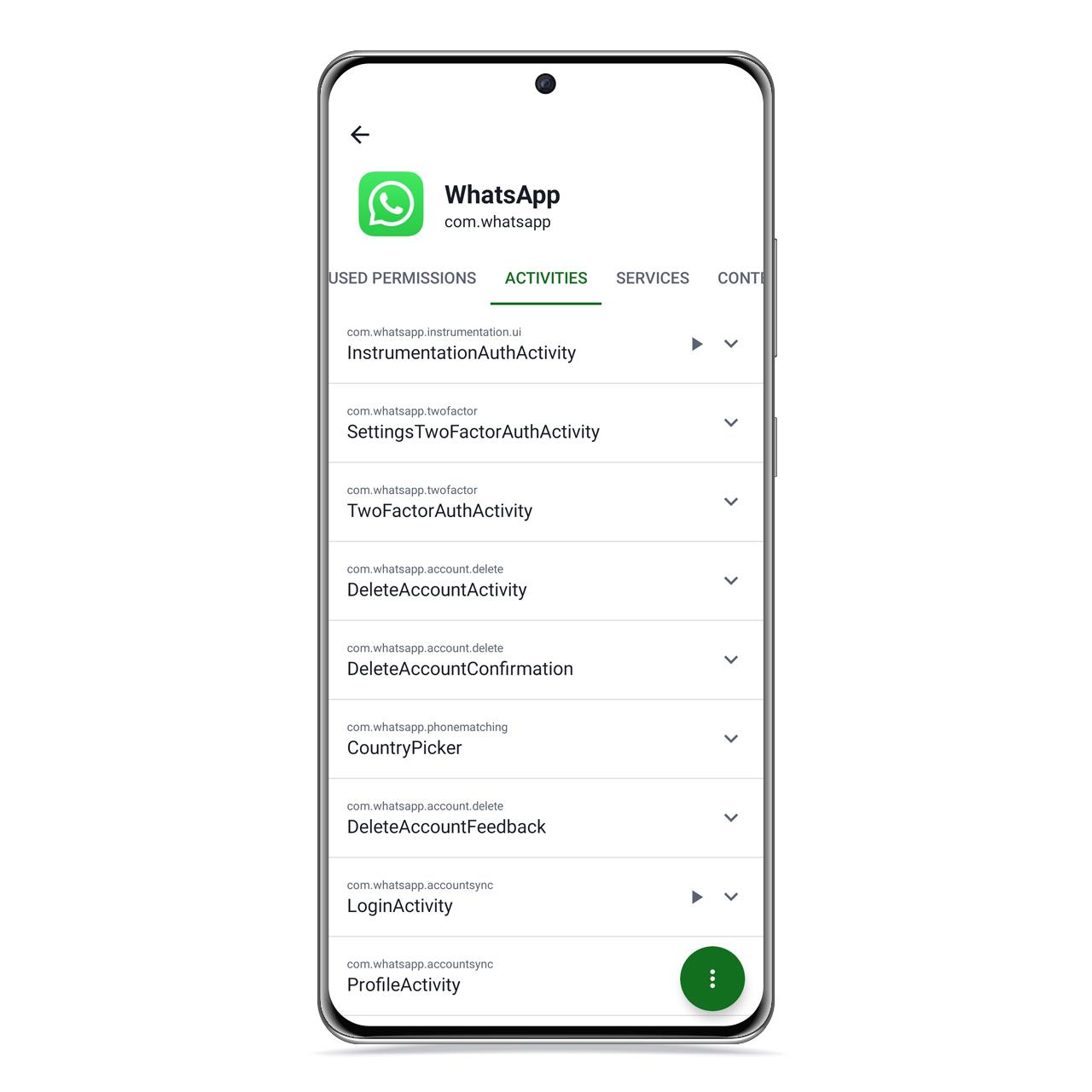 Servicios de WhatsApp en APK Analyzer