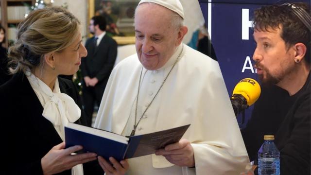 Yolanda Díaz con el Papa Francisco el pasado sábado en el Vaticano y Pablo Iglesias este lunes en la Cadena SER.