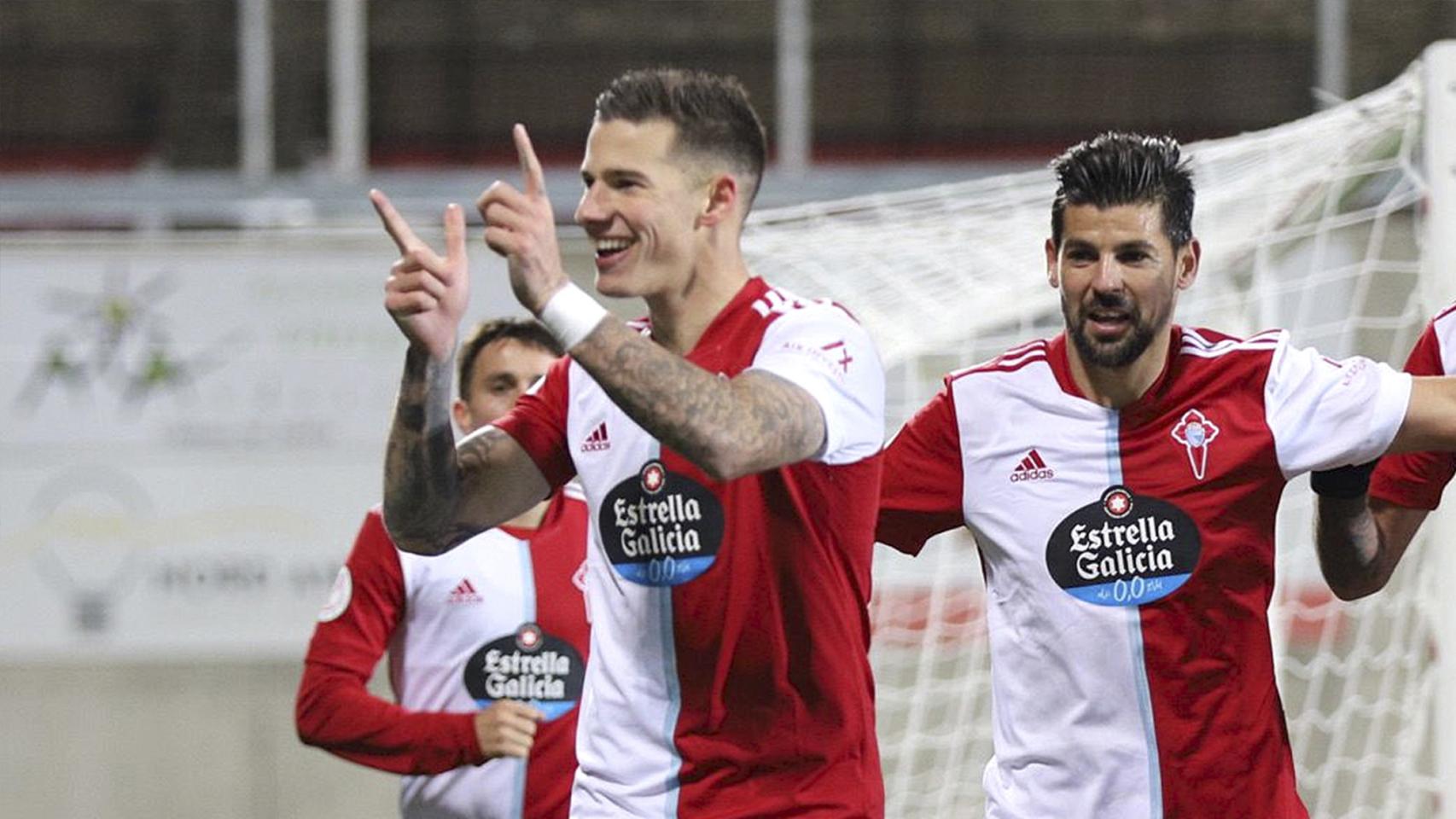 Santi Mina celebra el gol de la victoria ante el Andorra.
