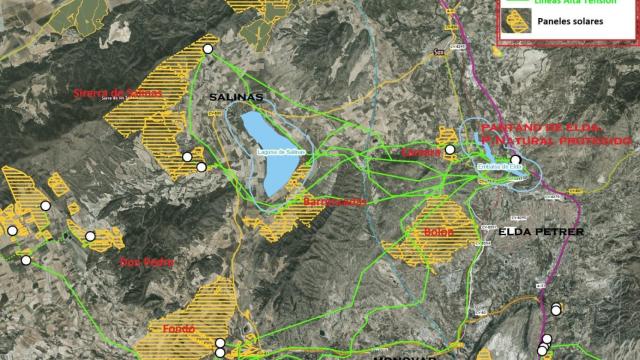 El visor cartográfico de los proyectos presentados para centrales solares y líneas eléctricas en la comarca del Medio Vinalopó.