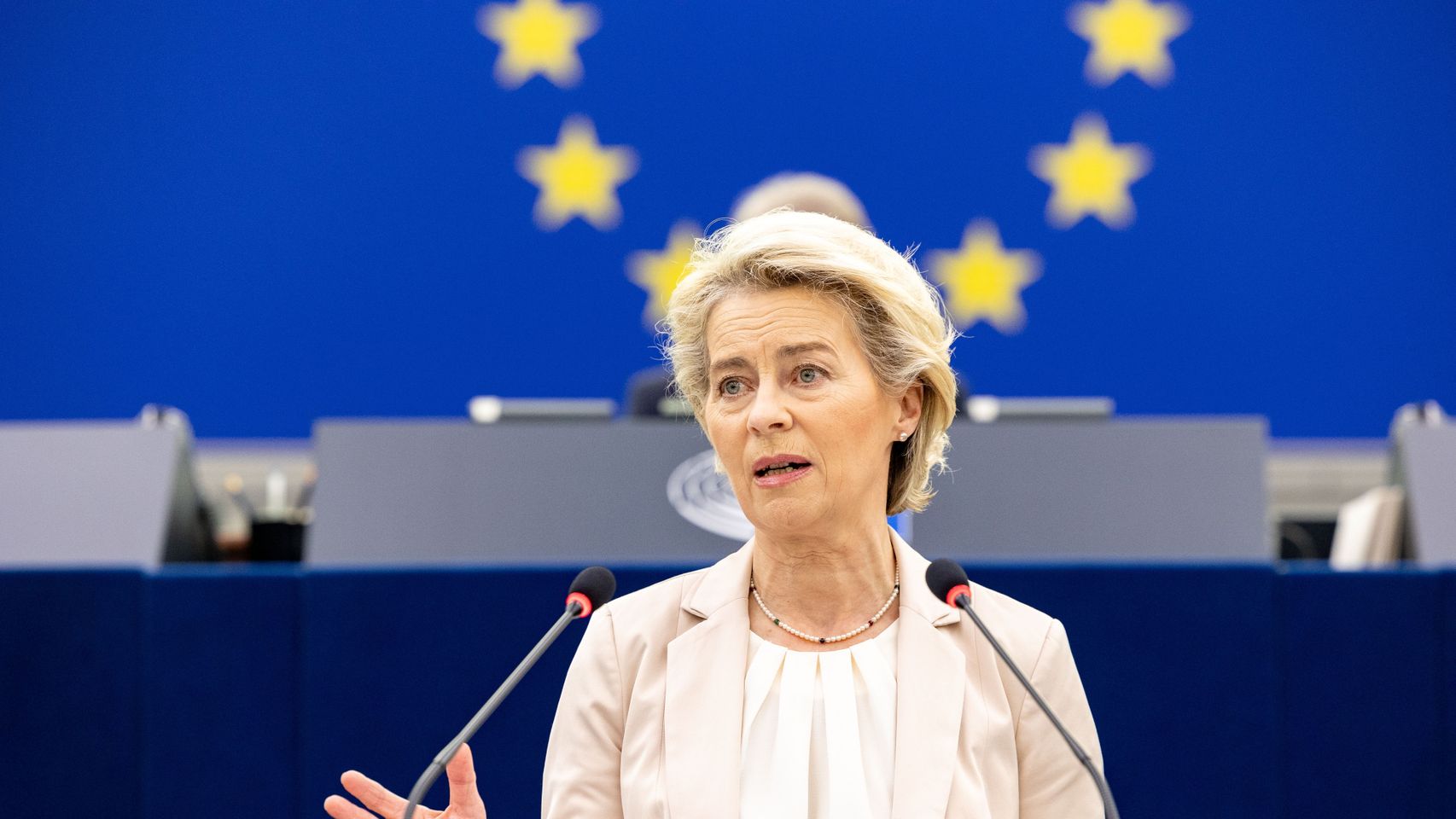 La presidenta Ursula von der Leyen, durante su comparecencia de este miércoles en la Eurocámara