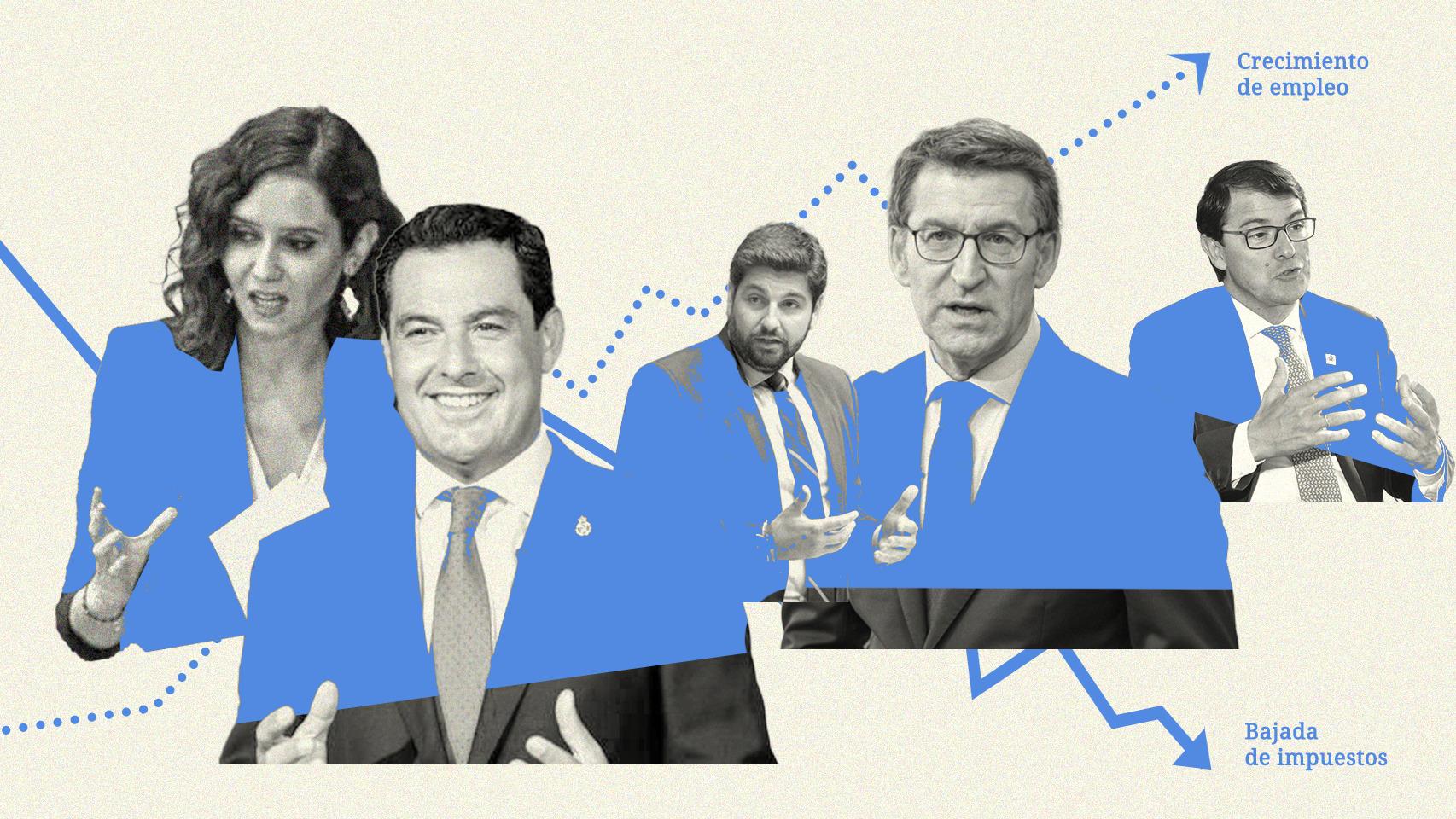 Isabel Díaz Ayuso (Madrid), Juanma Moreno (Andalucía), Fernando López Miras (Murcia), Alberto Núñez Feijóo (Galicia) y Alfonso Fernández Mañueco (Castilla y León).